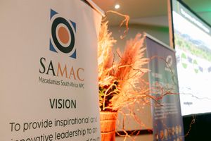 SAMAC Macadamias South Africa NPC vision banner beside dried pampas grass decor and a presentation screen at a conference event.