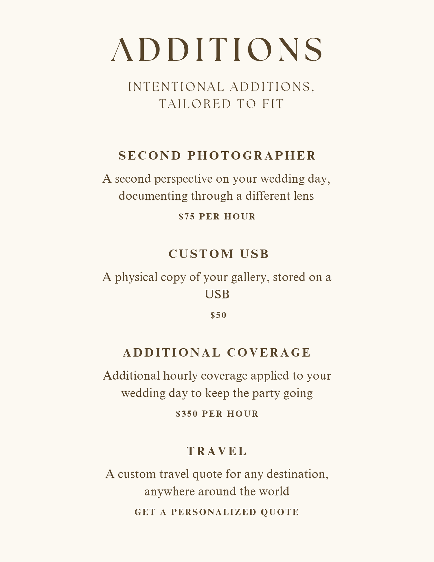Wedding photography additions menu listing second photographer, heirloom album, custom USB, additional coverage, and travel options.