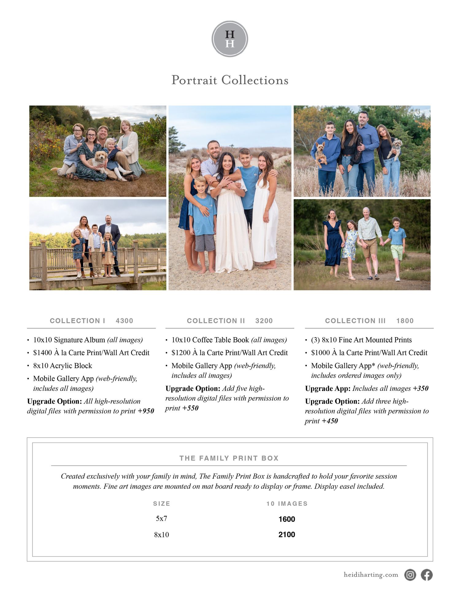 A pricing guide page showing outdoor portrait photography session packages with sample photos and costs.