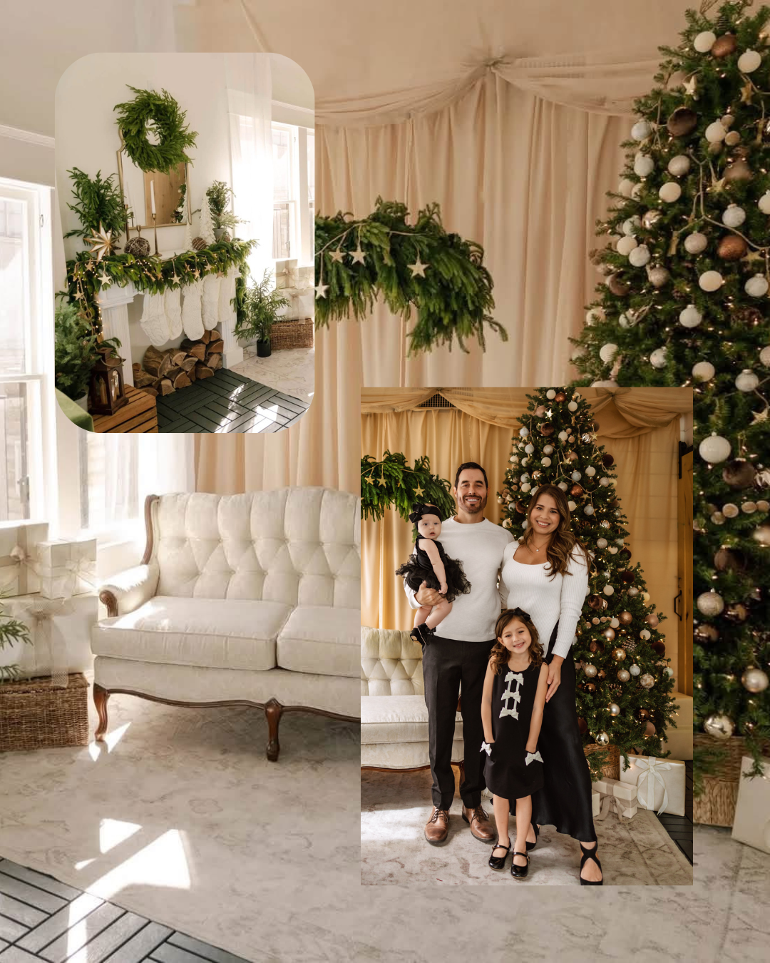 Family of three in white and black outfits poses by a decorated Christmas tree in a cozy studio with a tufted sofa and holiday greenery.