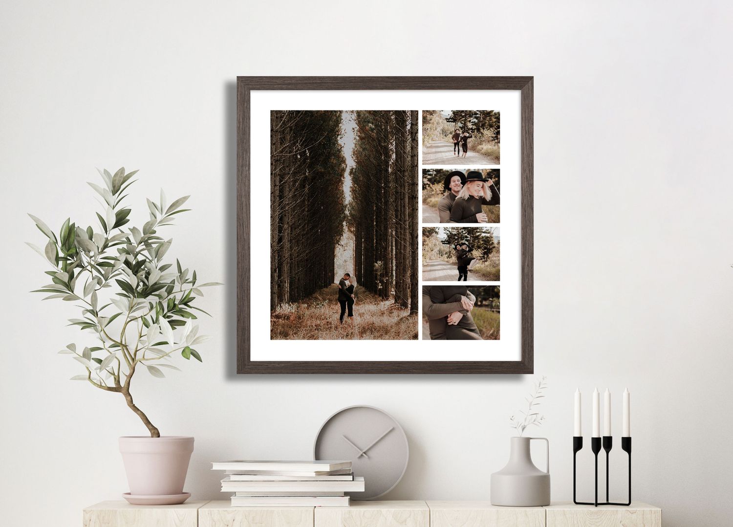 Framed photo collage wall art featuring a person in a tree-lined forest path and smaller portraits, styled above a shelf with a plant and cl
