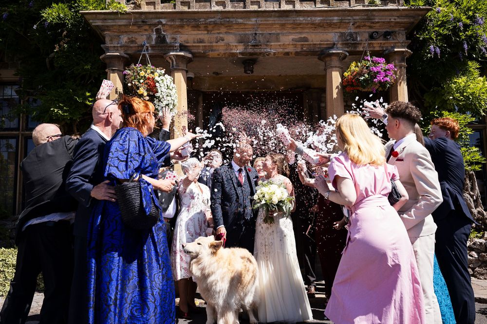 Wedding guests throw confetti over a smiling bride and groom outside a stone church, with a golden dog nearby.