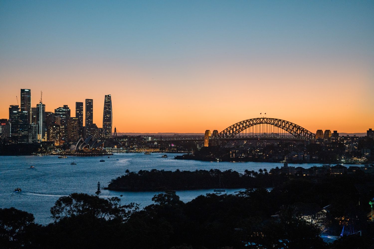 Sydney Harbour Bridge and city skyline at golden sunset, viewed from elevated vantage point over tree-lined waterfront.