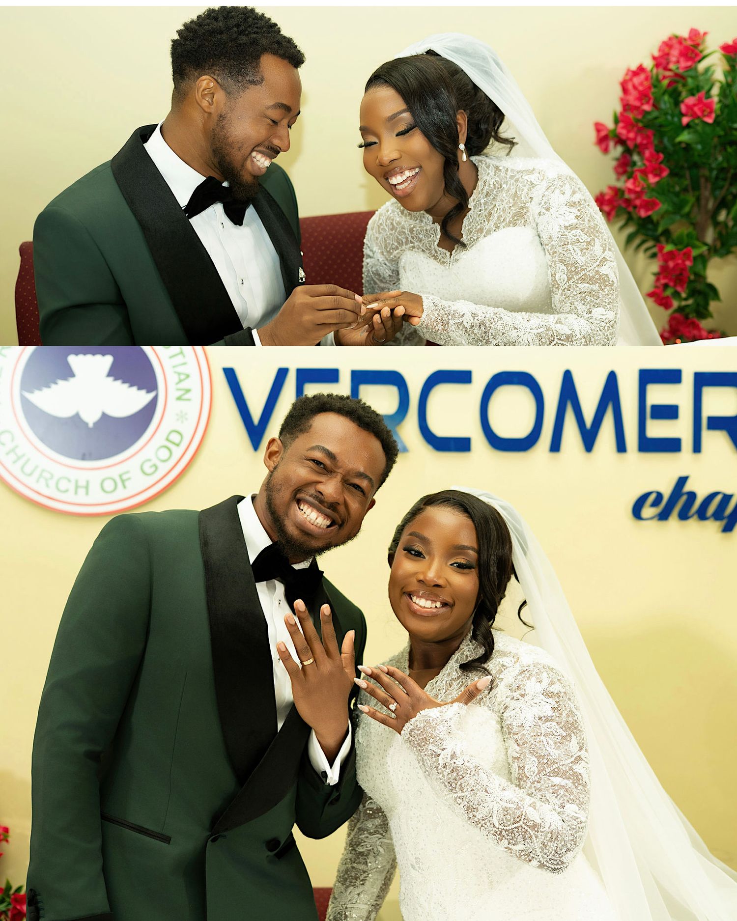 Joyful couple in wedding attire exchanging rings at Overcomers Chapel church ceremony, bride in lace gown, groom in green tuxedo.