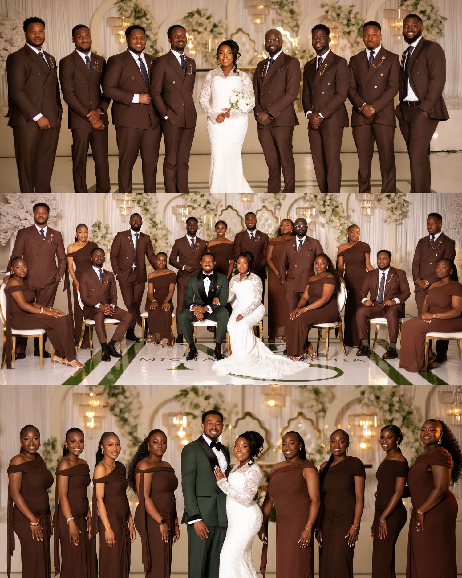 Elegant wedding party in brown formal attire with bride in white gown, groomsmen and bridesmaids posing in decorated venue.