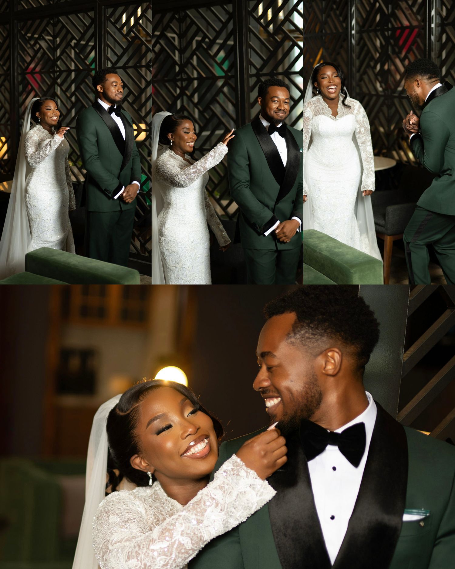 Joyful Black couple in wedding attire, bride in lace gown with veil, groom in green tuxedo, sharing a romantic moment.