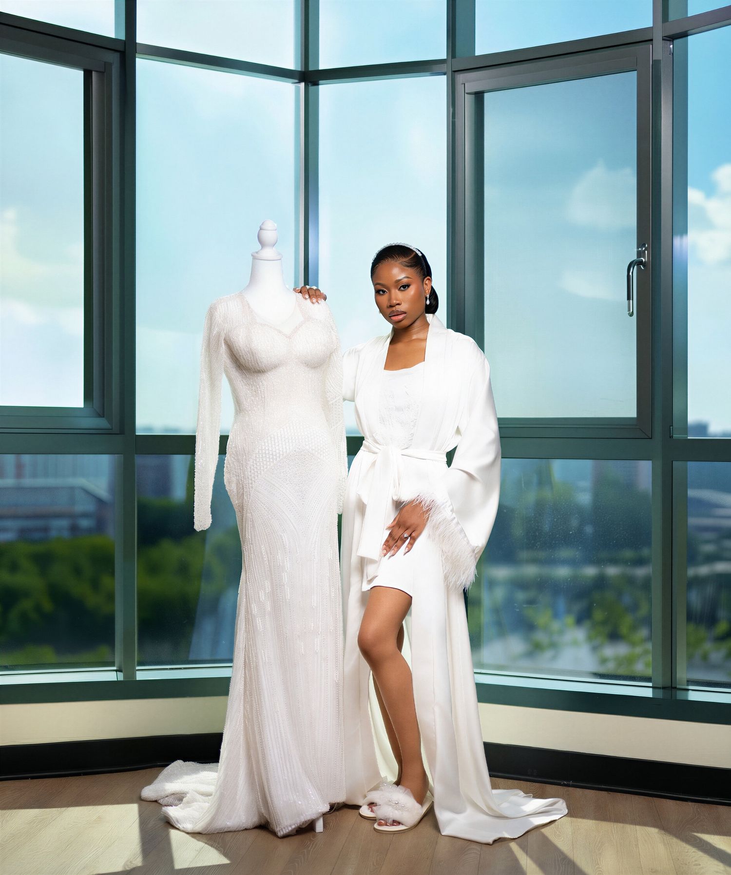 Woman in white robe with feather trim poses beside a mannequin wearing an elegant white gown near floor-to-ceiling windows.