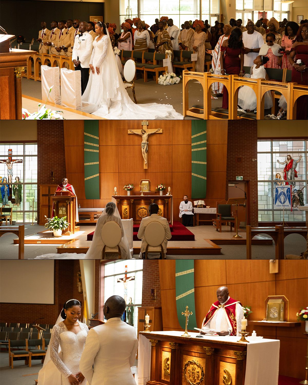 Catholic church wedding ceremony with bride in white gown, groom, and priest at altar surrounded by guests.