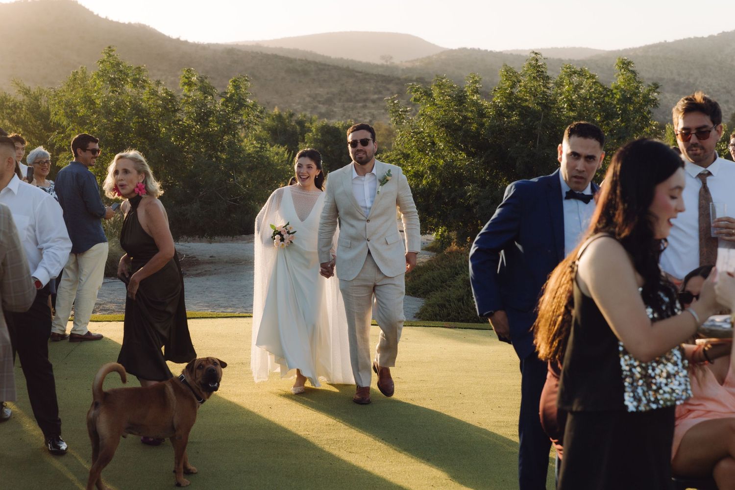 A bride and groom in elegant attire walking hand in hand at an outdoor wedding reception.