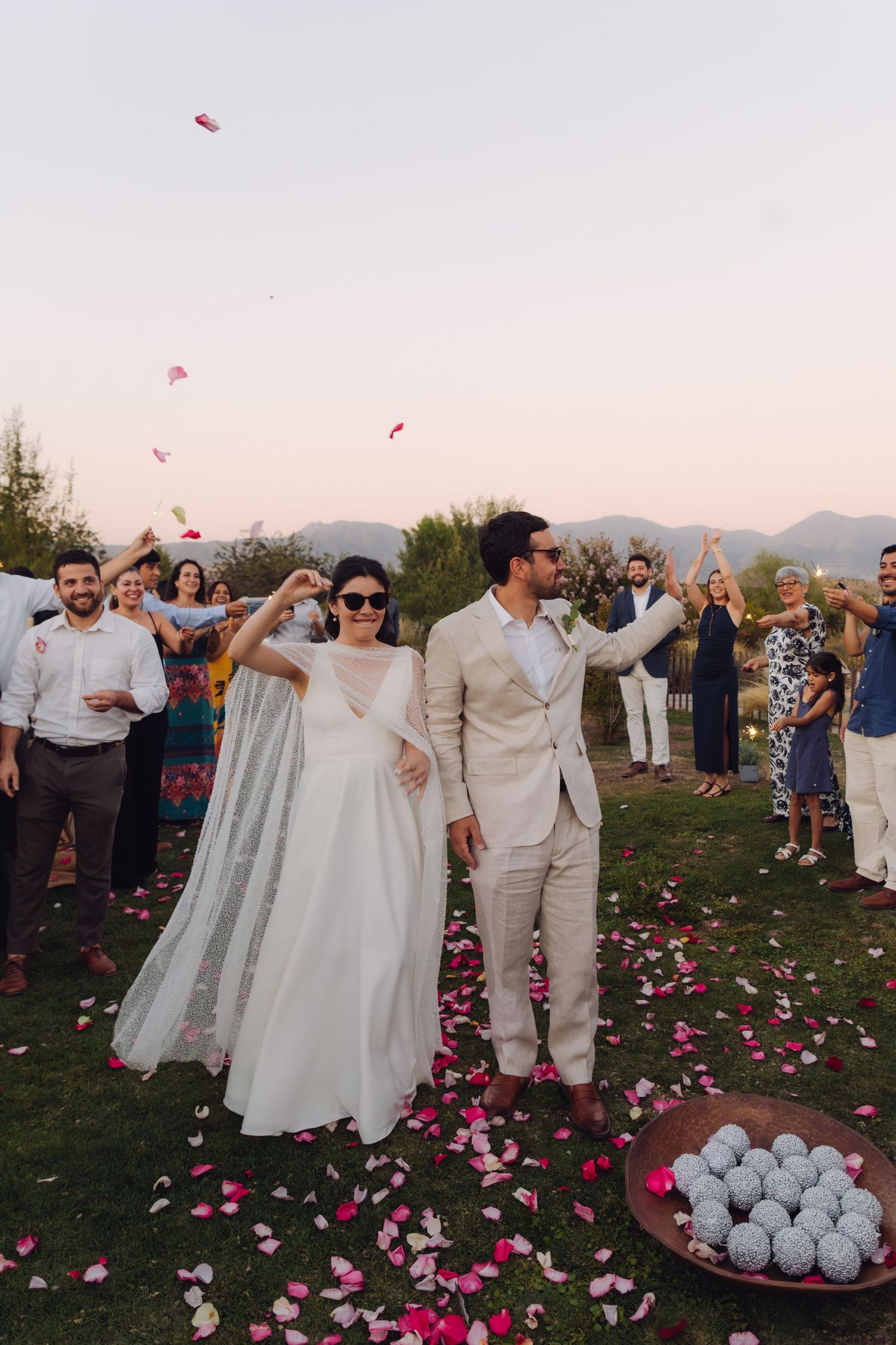 Joyful bride and groom raise arms as guests toss pink rose petals at outdoor wedding exit.