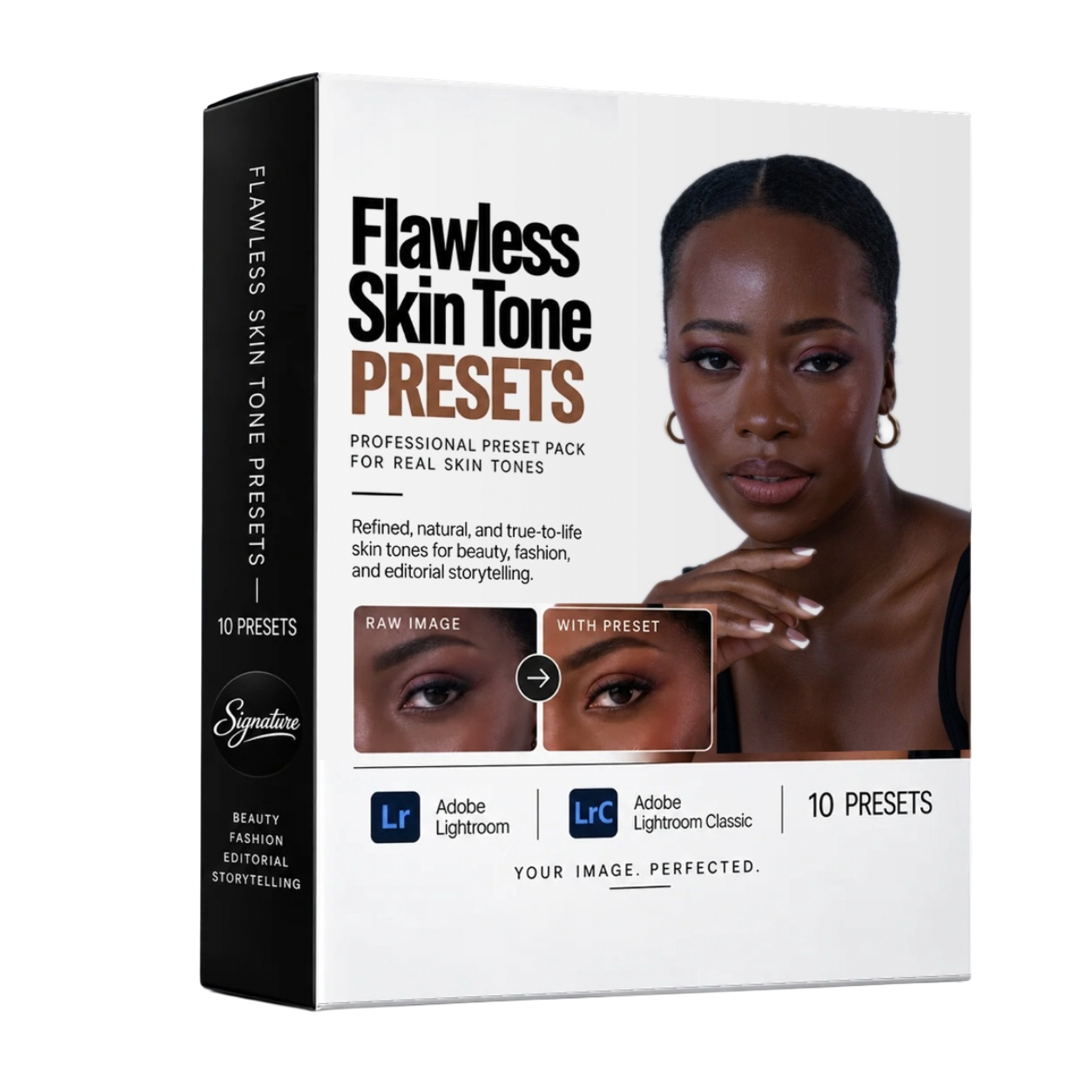 Editorial Presets for Flawless Skin Tones Lightroom pack with before and after comparison on dark-skinned model.