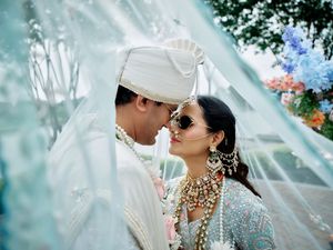 Indian bride and groom in traditional white wedding attire sharing a romantic moment under a sheer veil outdoors.