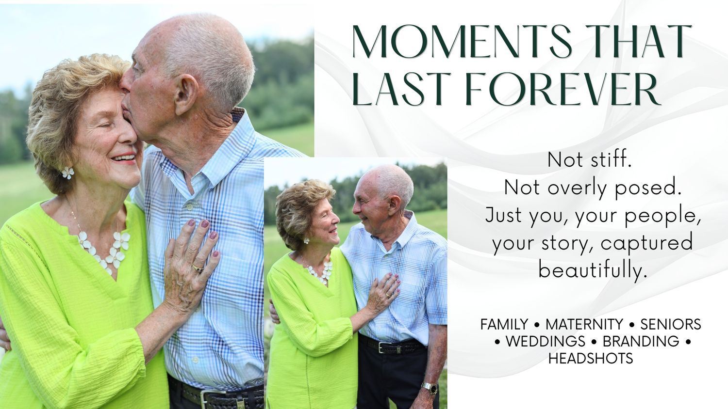 Wedding photographer promotional collage featuring couples in formal attire with text reading go-to girl for every occasion.
