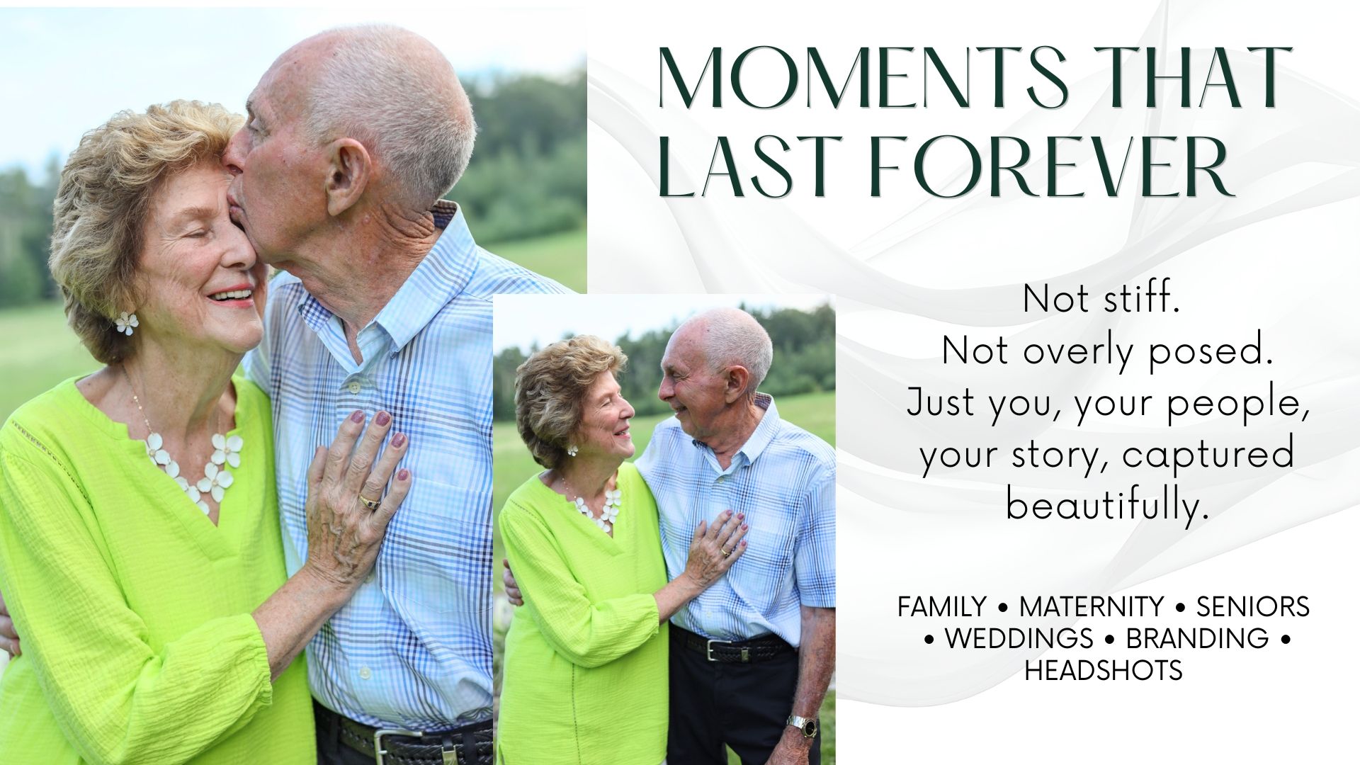Wedding photographer promotional collage featuring couples in formal attire with text reading go-to girl for every occasion.