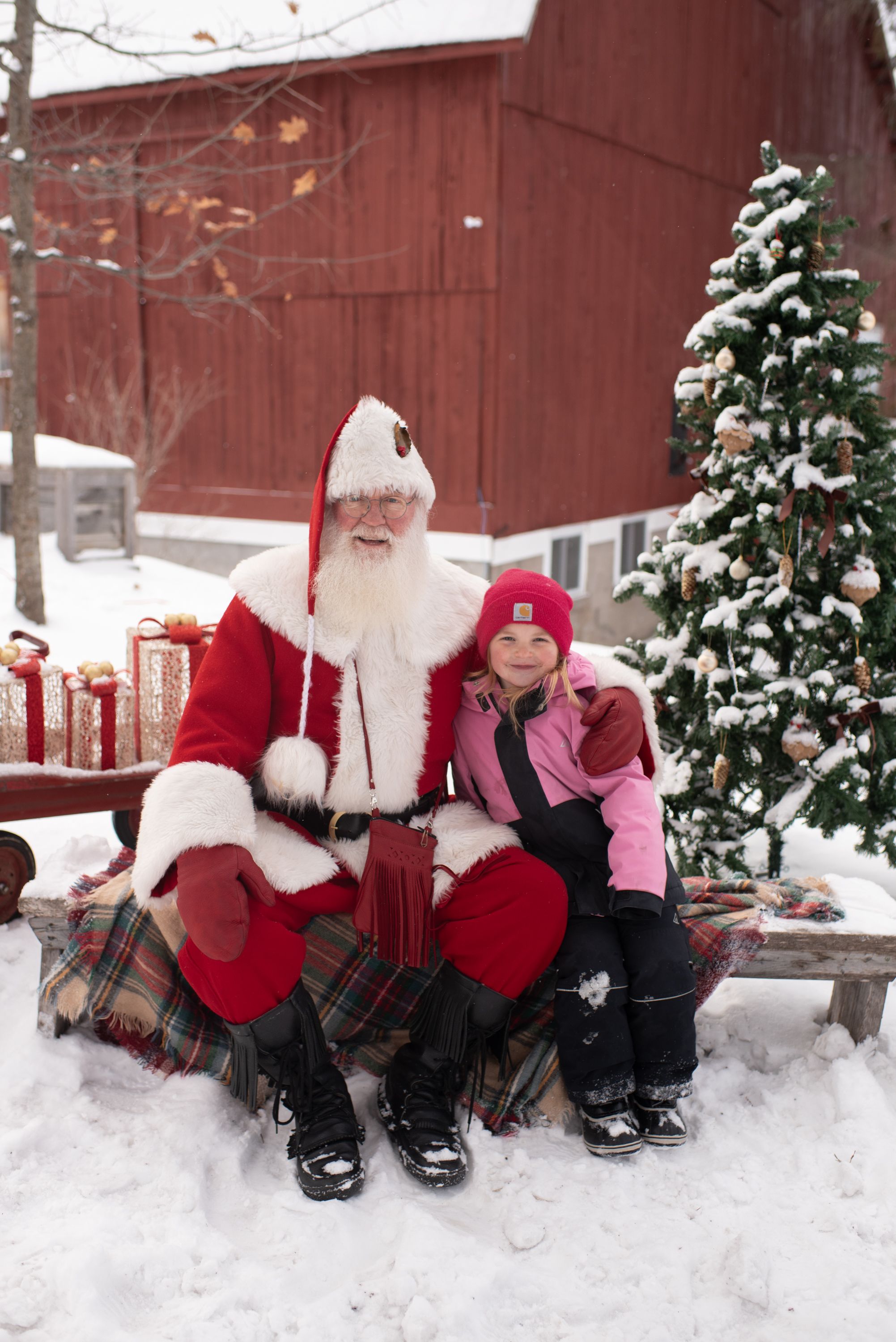 Santa Claus sits with a young girl in pink beside a decorated Christmas tree in a snowy outdoor winter setting.