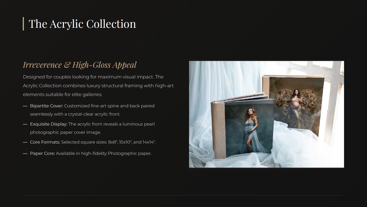Luxury acrylic photo collection featuring high-gloss framing with structural design elements for couples seeking maximum visual impact.