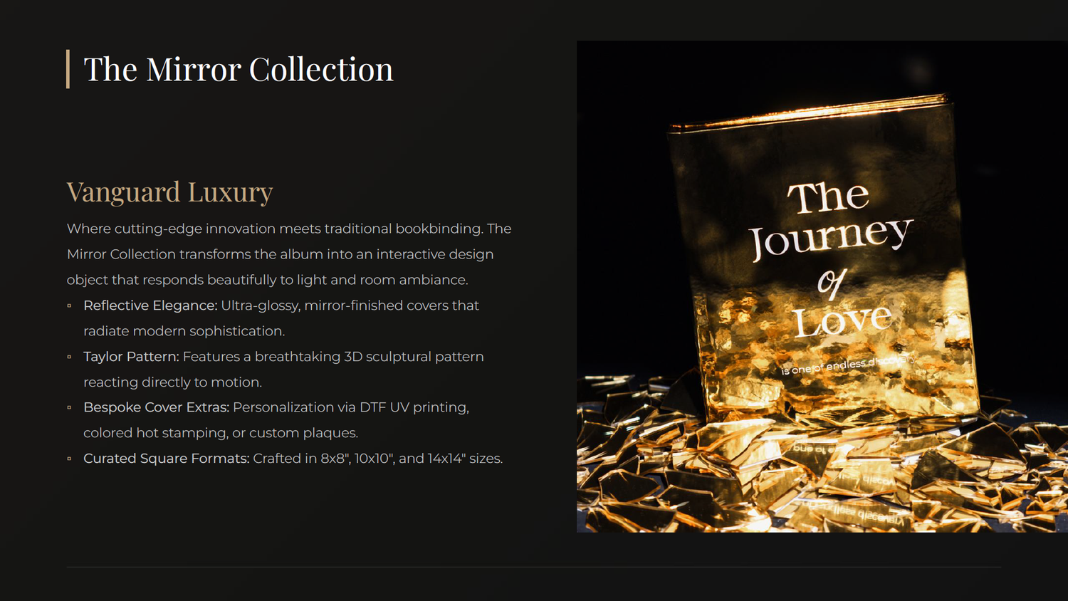 Vanguard Luxury mirror collection album with reflective cover displaying The Journey of Love title in elegant gold text.