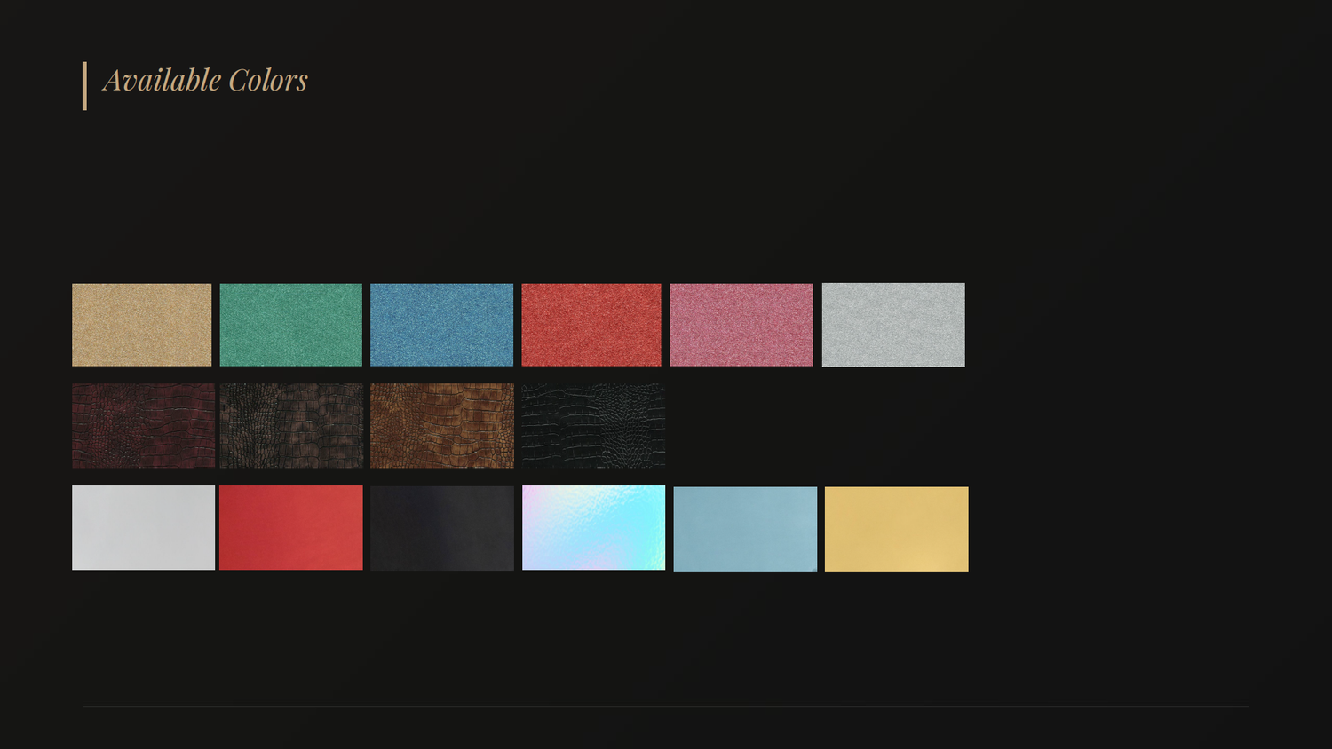 A color swatch palette displaying available fabric or material colors including tan, teal, red, brown, gray, black, and yellow options.
