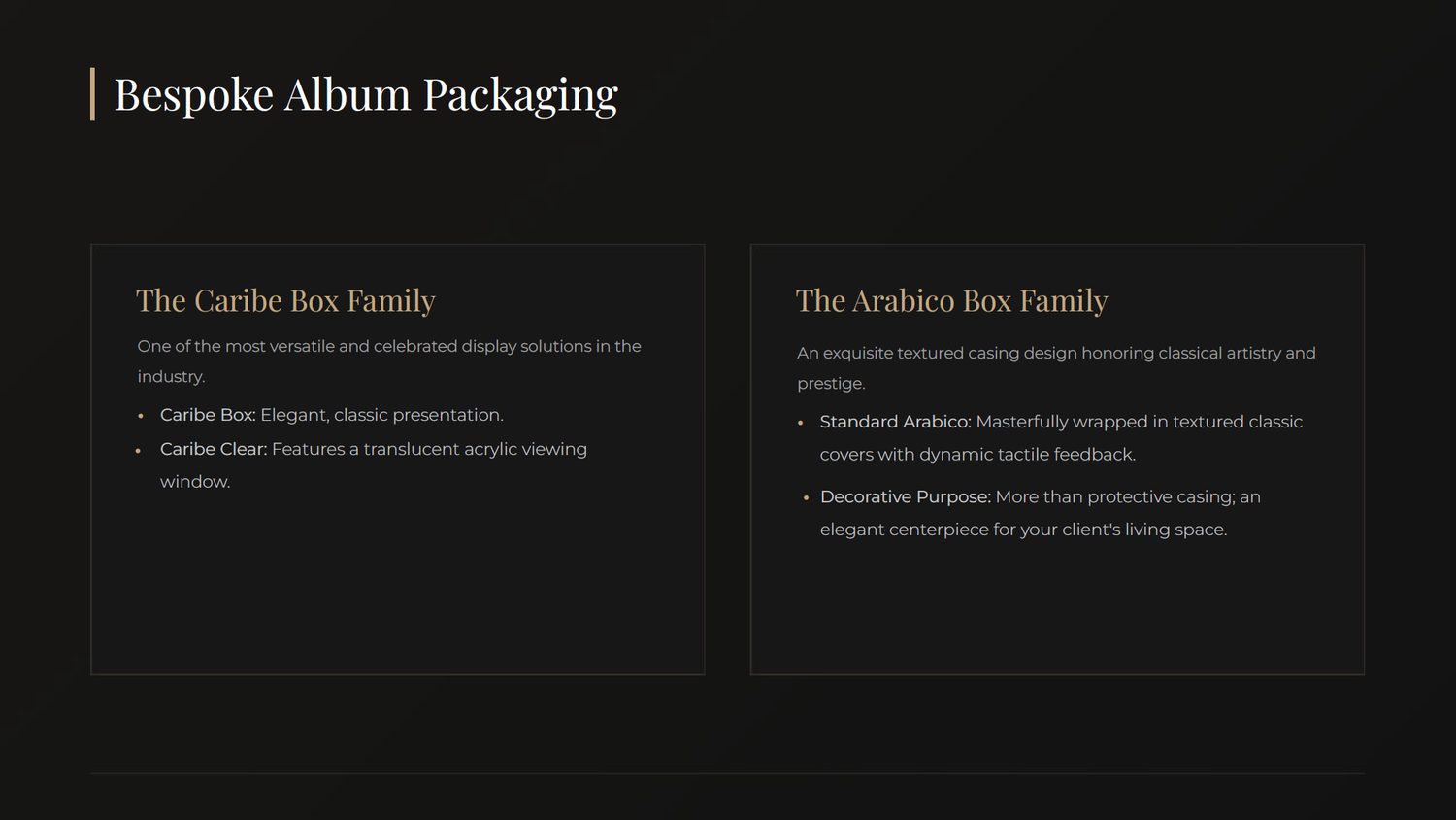 Bespoke album packaging slide showcasing the Caribe and Arabica box family collections for wedding photography.