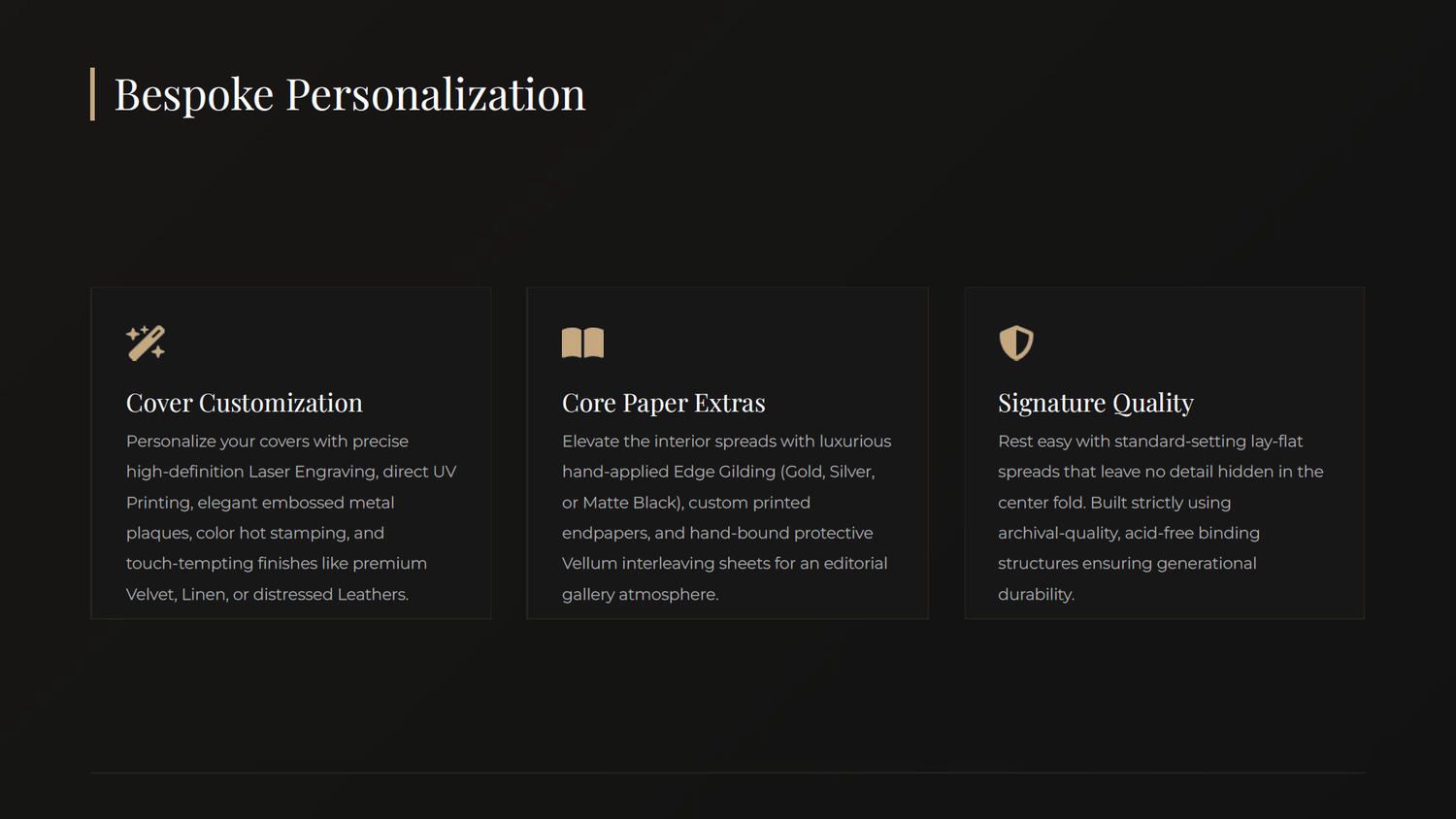 Bespoke personalization slide featuring cover customization, core paper extras, and signature quality sections on dark background.
