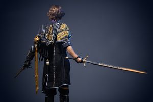 Fantasy warrior in ornate blue and gold armor holds a long sword, viewed from behind against dark background.