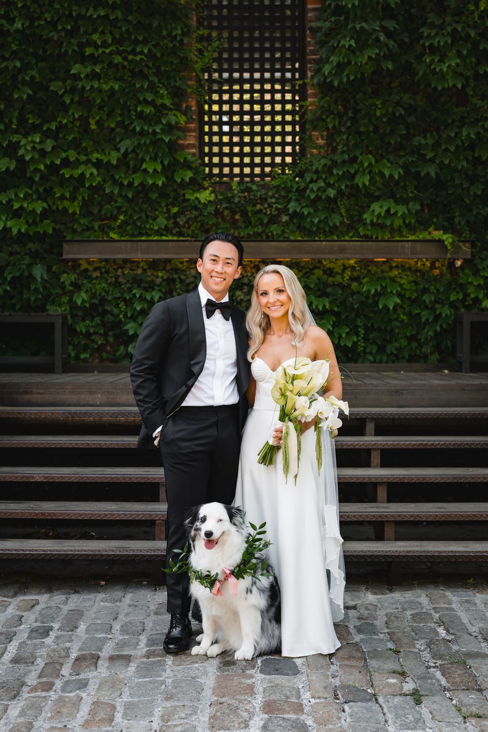 Smiling bride and groom pose with their flower-crowned dog in front of ivy-covered wall on wedding day.