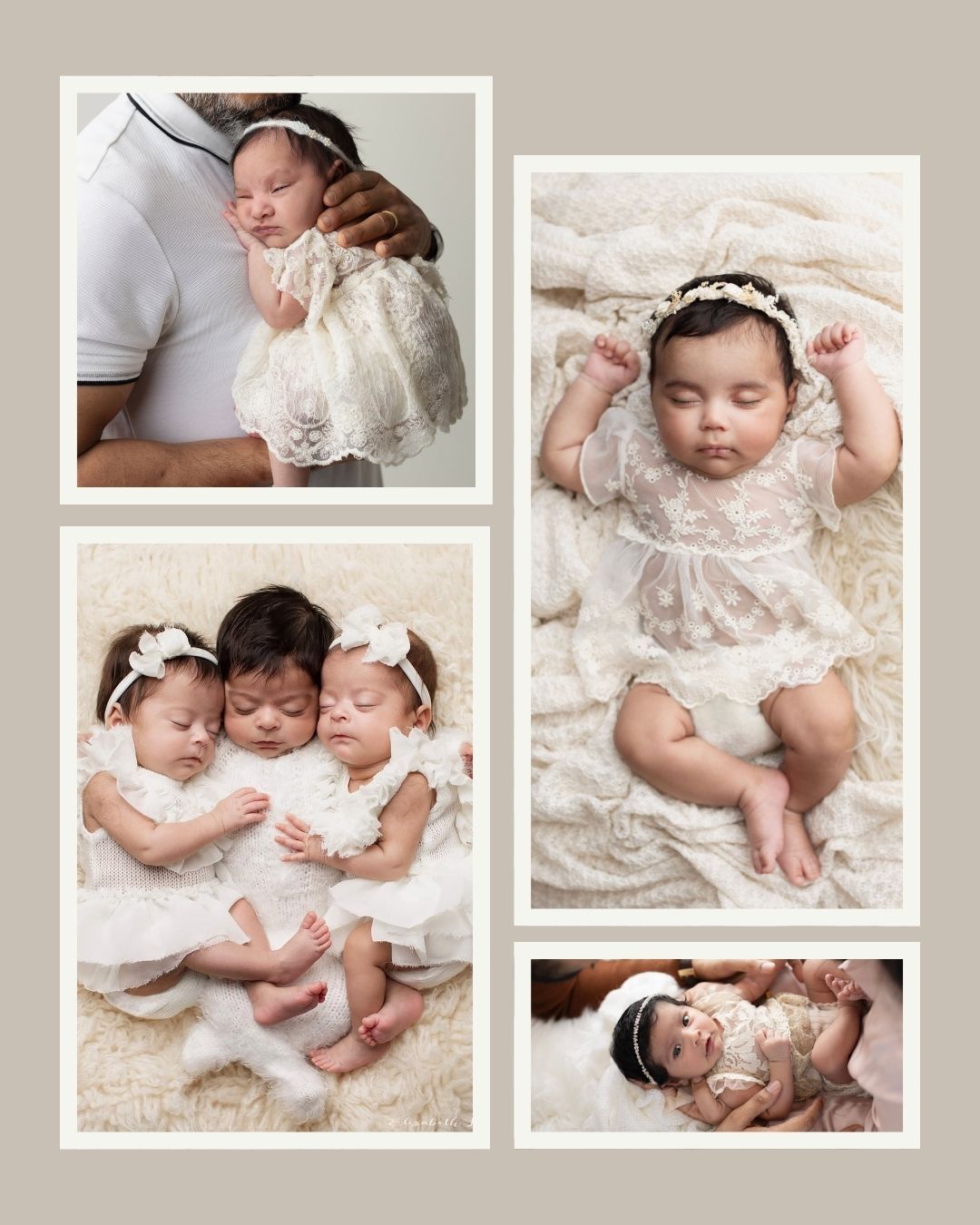 Collage of newborn twin girls in white lace outfits, held by father and posed on cream blankets.