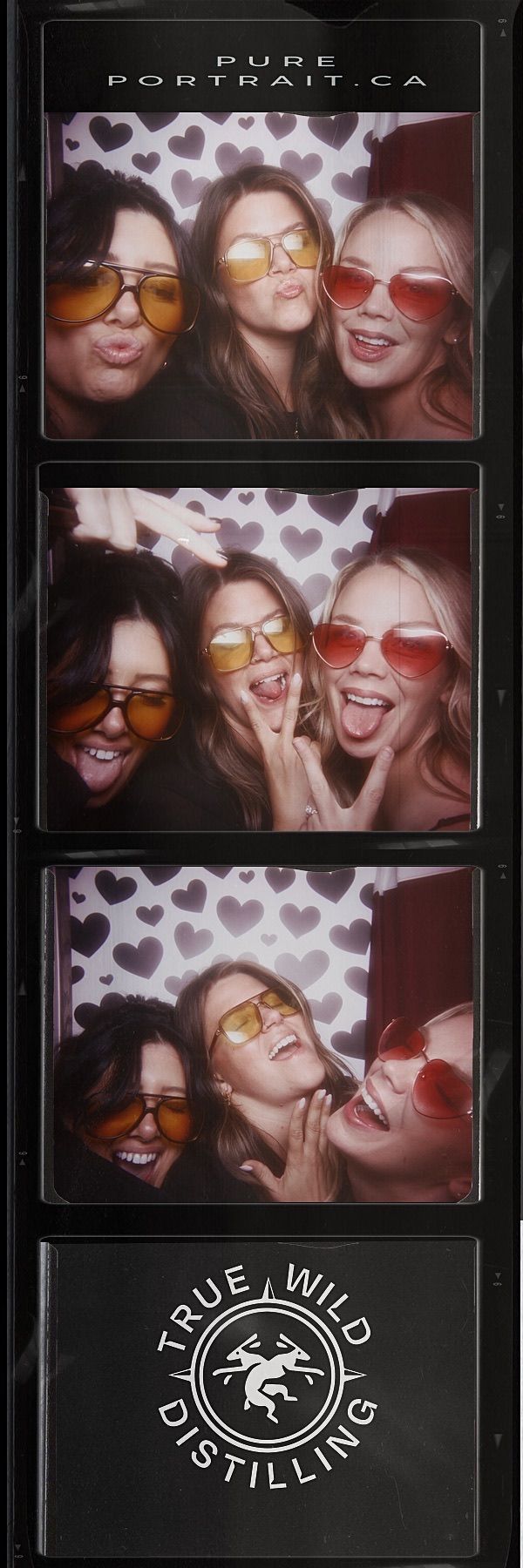 Three women in funky sunglasses strike fun poses in a photo booth strip at True Wild Distilling event.