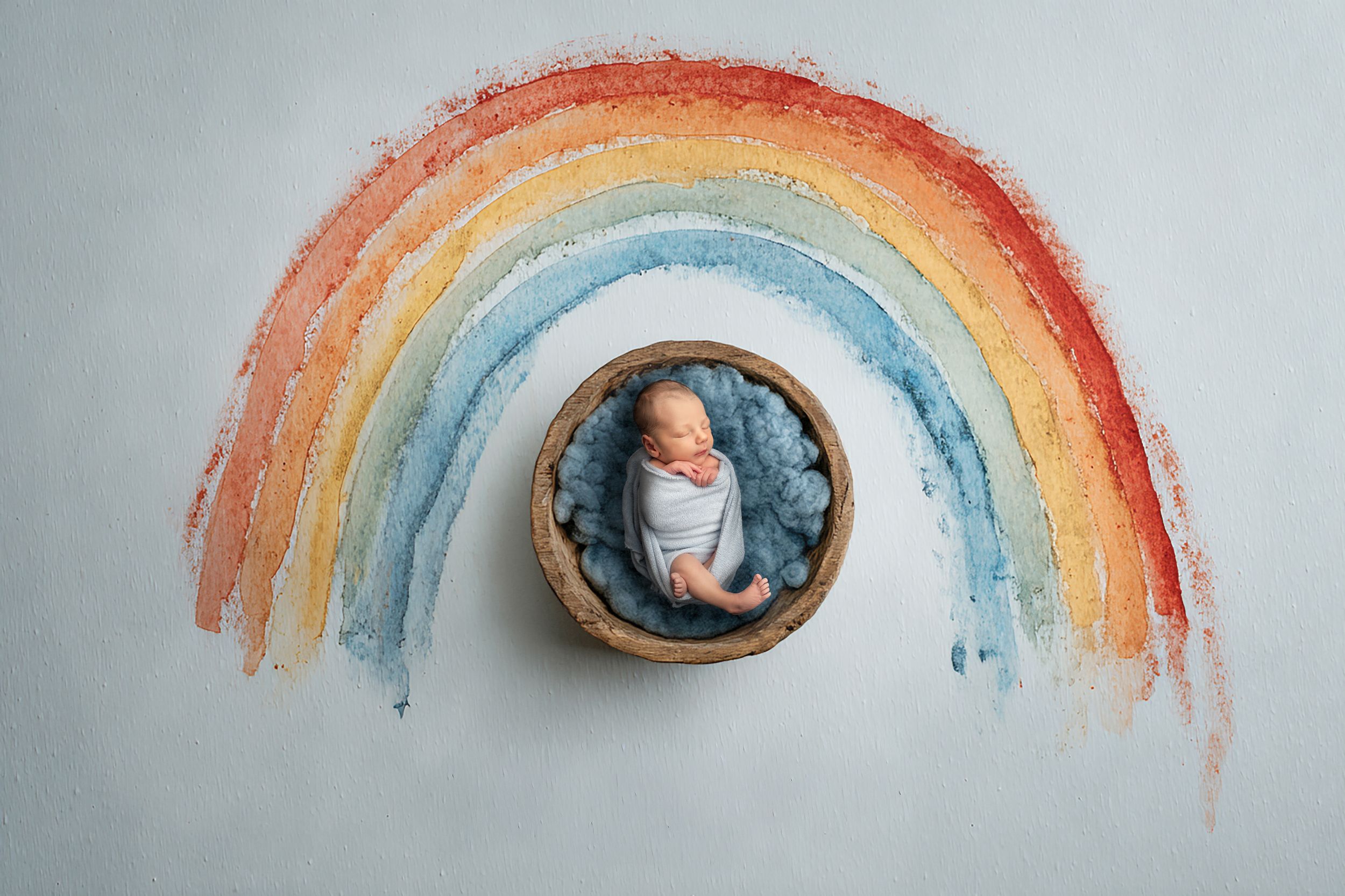 Newborn baby sleeping in a wooden bowl beneath a colorful painted rainbow on a soft gray background.