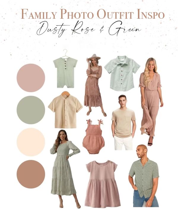 Client Outfit Inspiration. Dusty rose, soft green and neutrals.