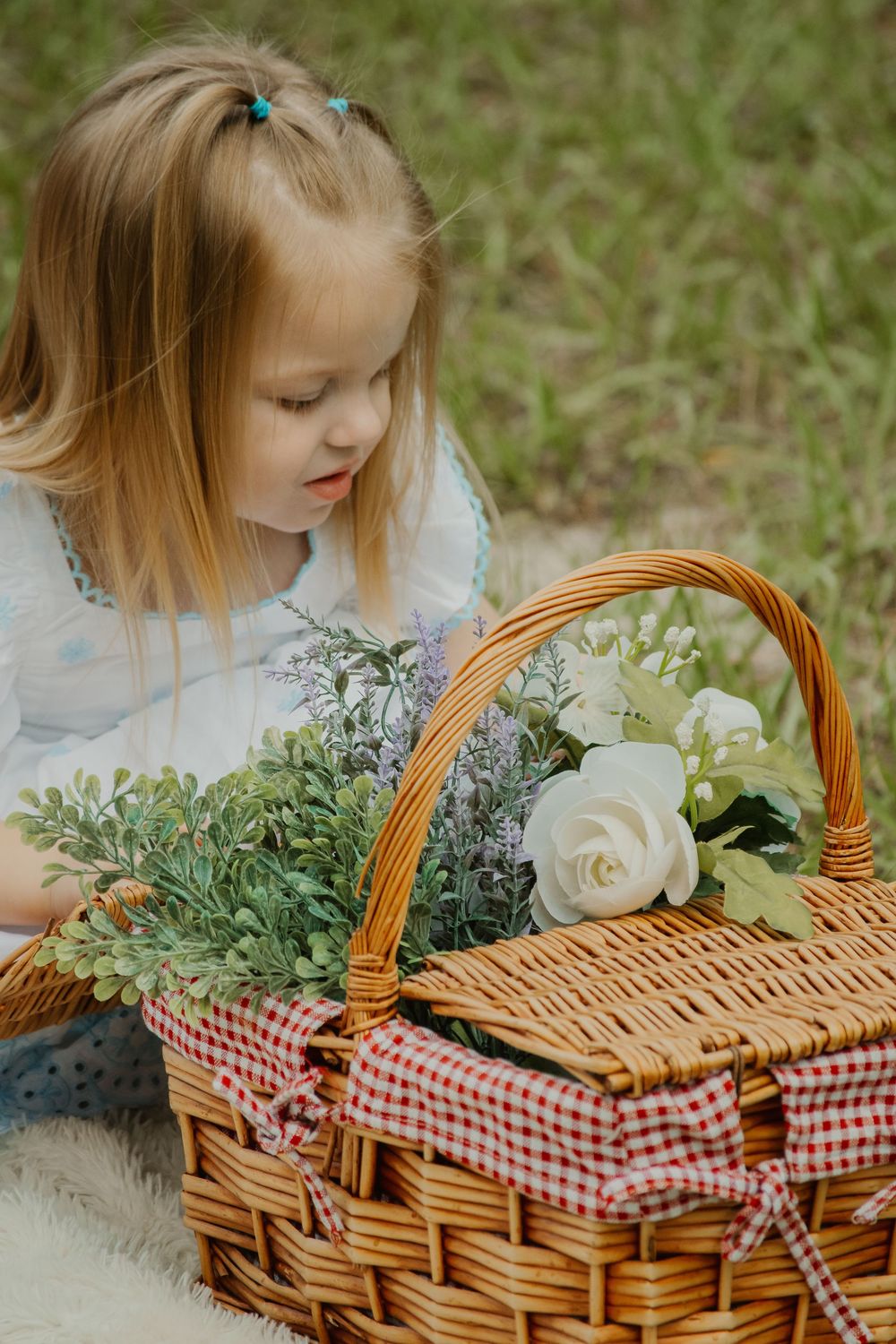 Blonde toddler girl in white dress looks into wicker picnic basket filled with white roses and greenery.