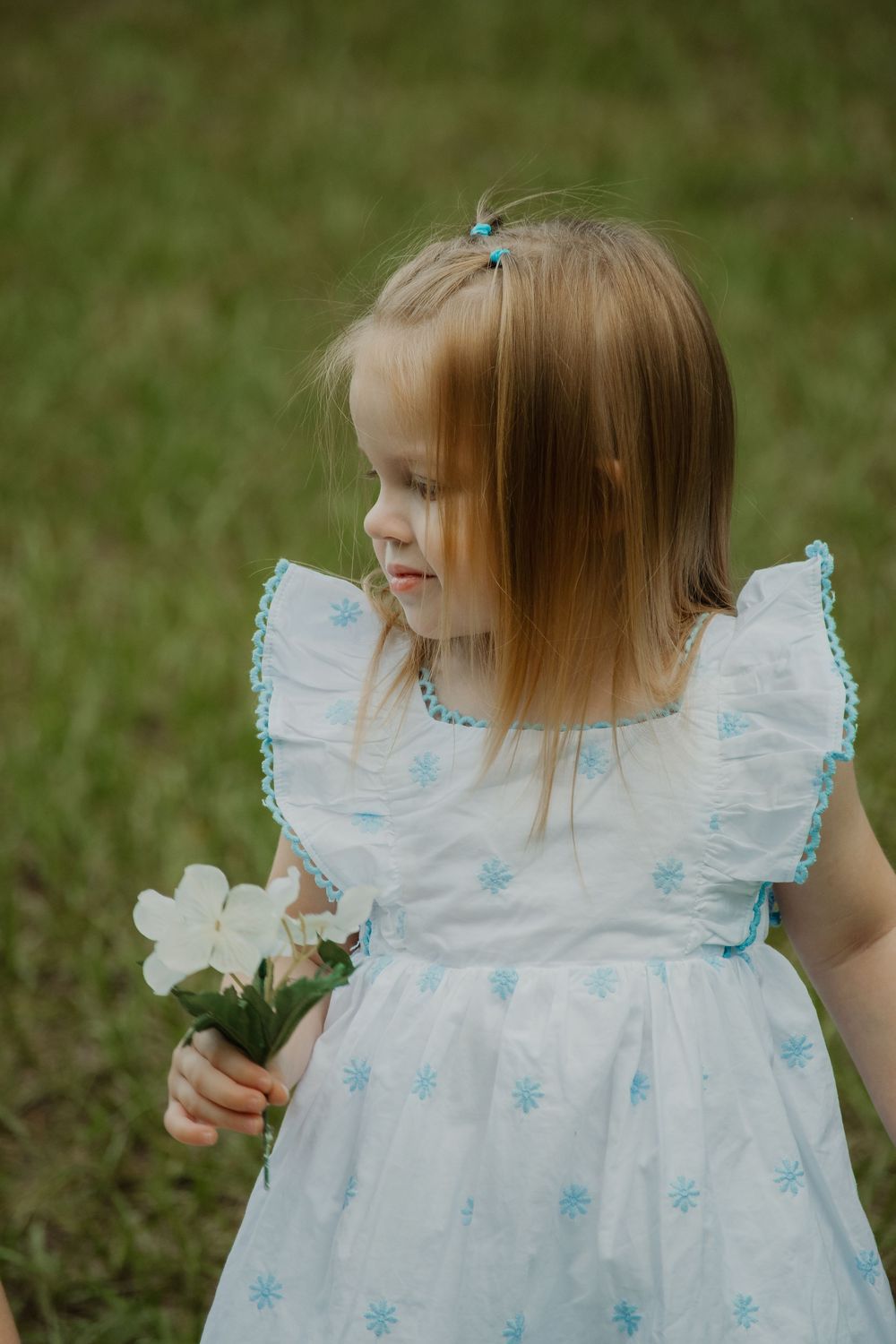 Cute blonde toddler in white and blue floral dress holds white flowers while standing on green grass.