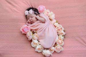 Delicate pink roses arranged in a circular pattern on textured fabric with soft lighting.