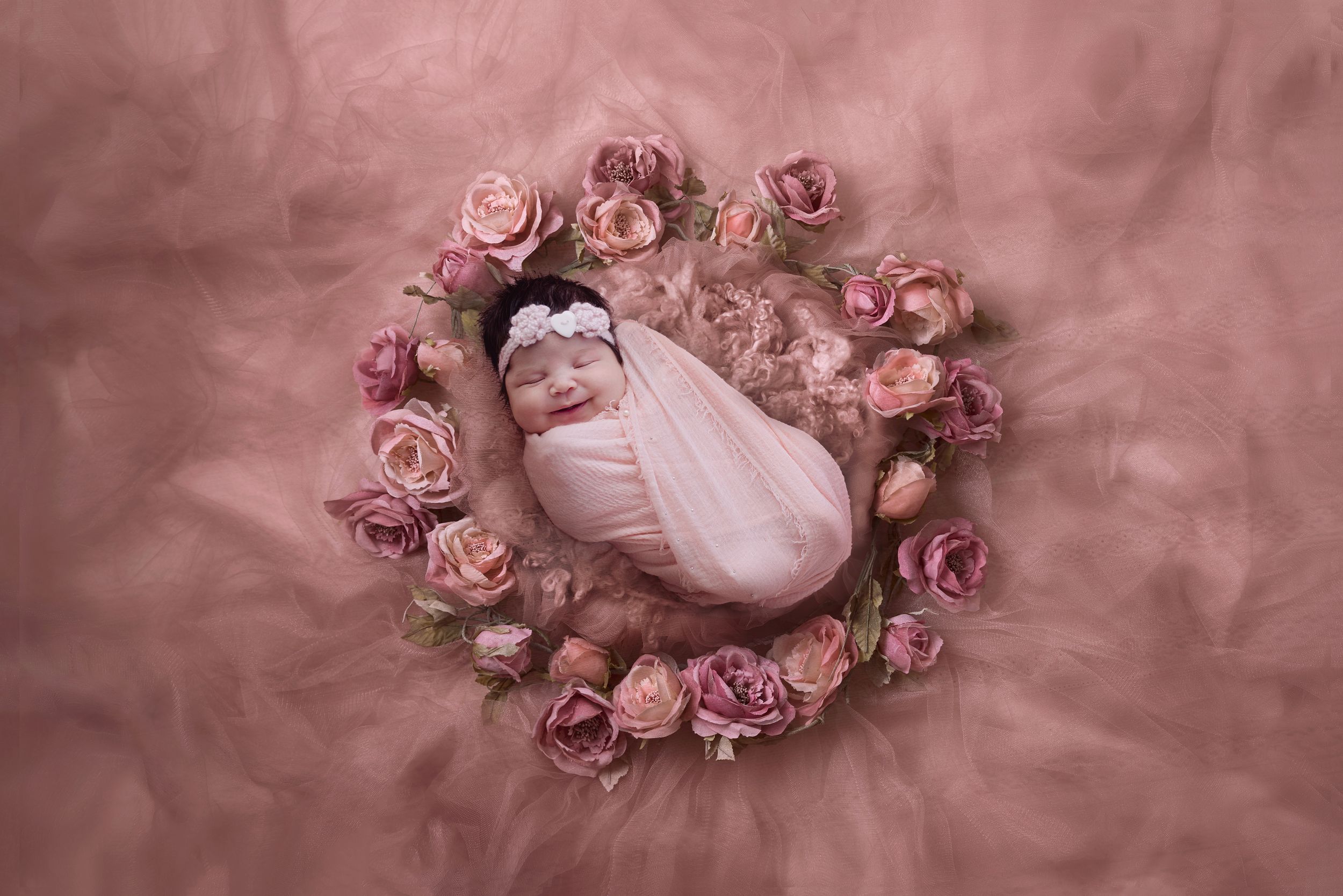 Vintage-style roses arranged in a circular pattern against a dusky pink backdrop.