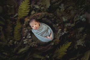 Baby portrait with greenery and fern leaves in dark moody setting.