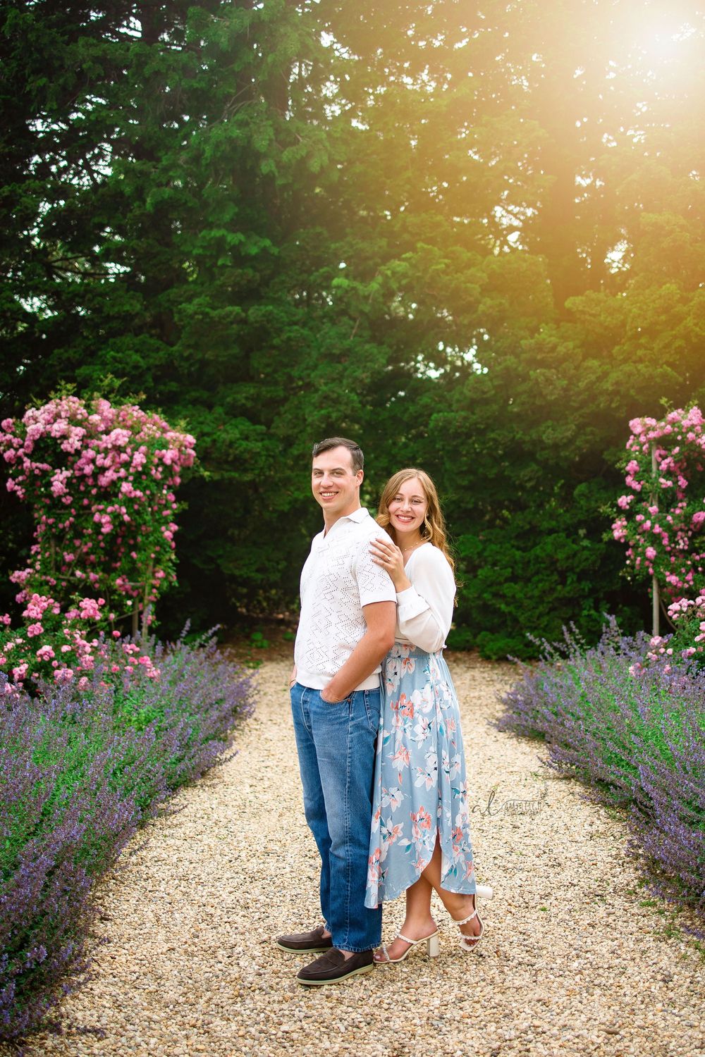 A couple poses on a garden path lined with blooming pink roses and purple lavender on a sunny summer evening.