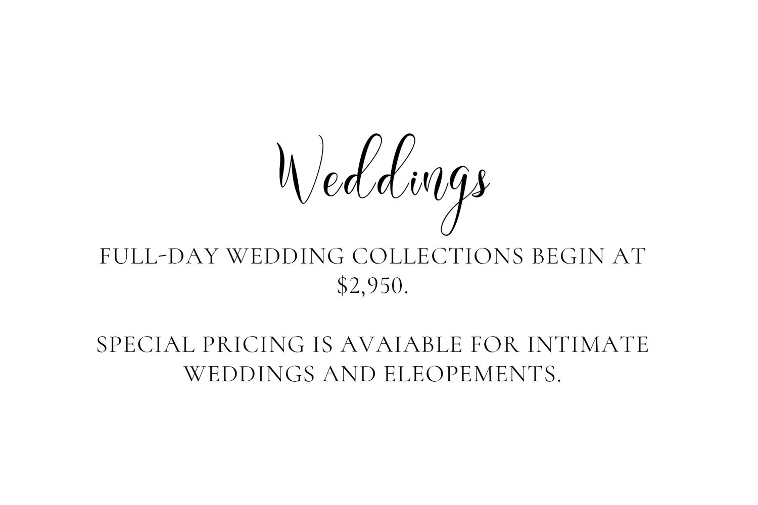 Wedding pricing text displayed in elegant typography on a white background.
