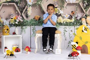 Bee themed photo set with decorative hexagonal backdrop, honeybees, and floral accents.
