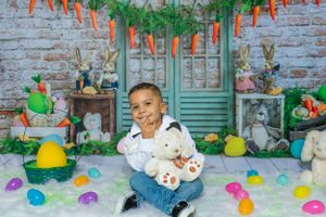 Spring photo set featuring Easter eggs, colorful carrots, and plush bunnies against a vintage brick background.