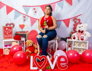 Valentine's Day photo set with red balloons, heart decorations, and love sign against white background.