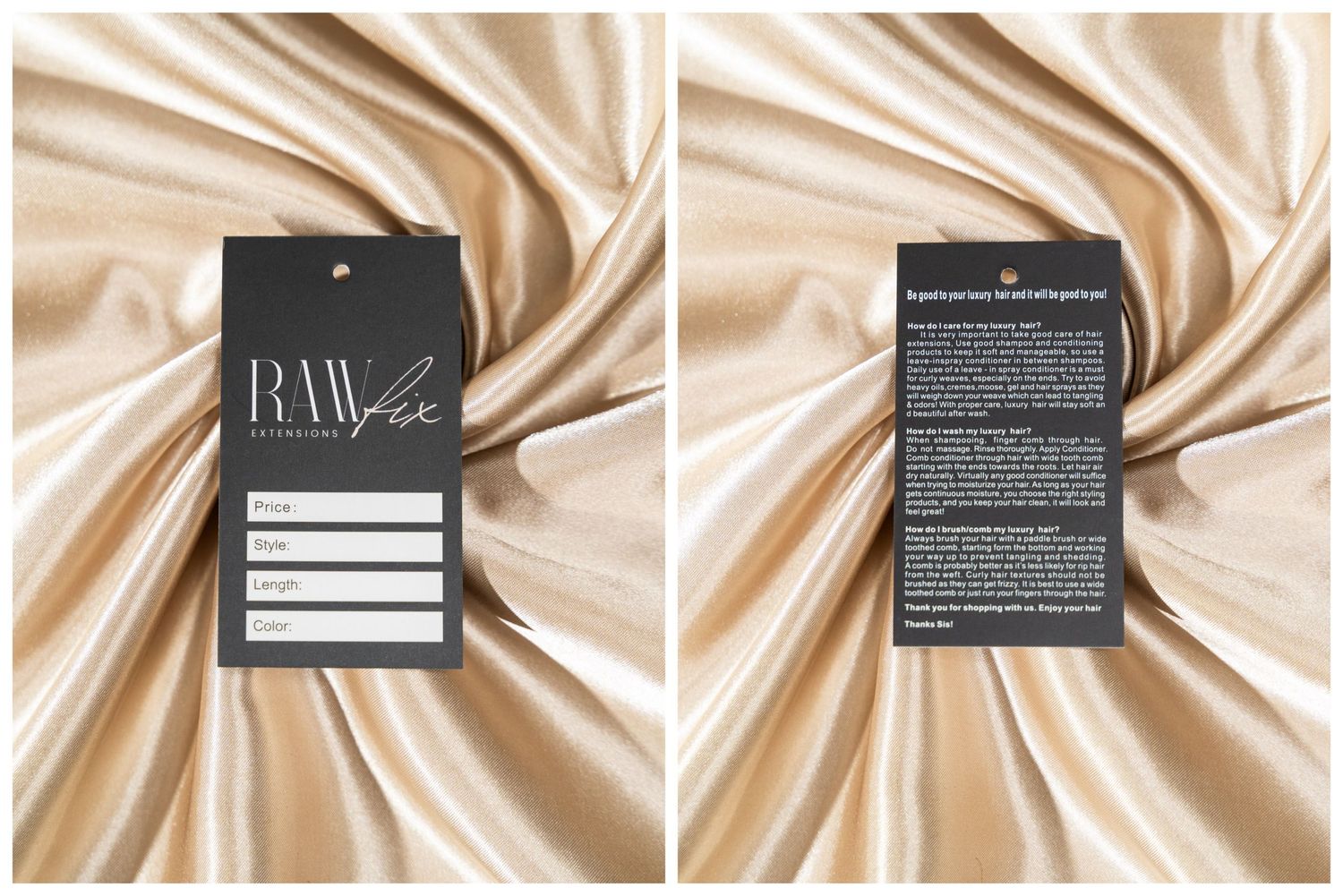 Black price tag labels against silky champagne colored fabric backdrop.