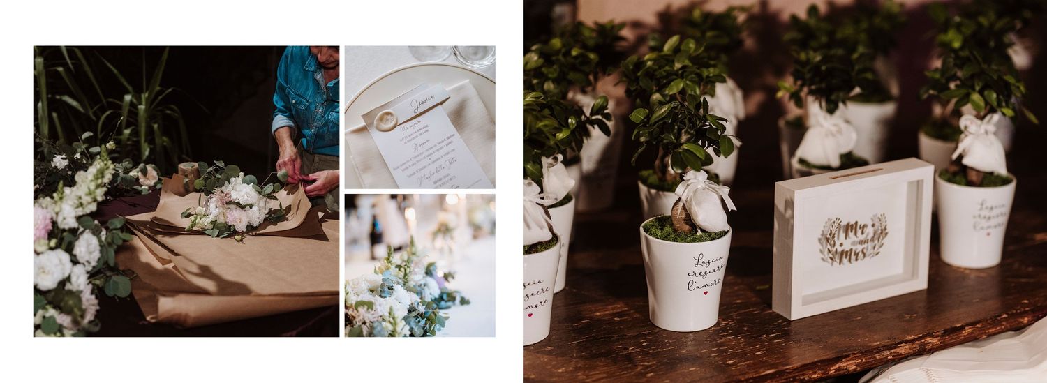 Wedding detail flat lay featuring floral arrangements, ribbon, rings, and potted plant favors.