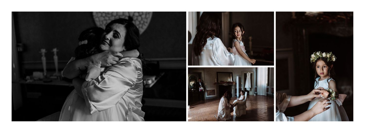 Black and white collage of a bride getting ready in an elegant room with floral crown accents.