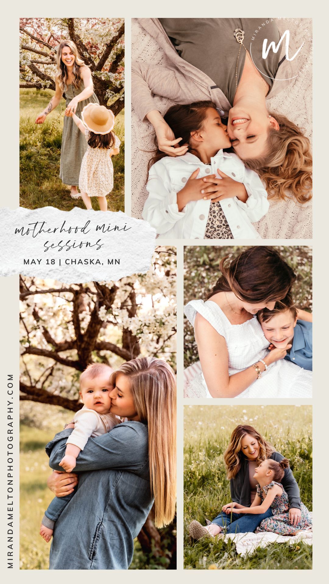 Collage of 5 photos from photography mini sessions celebrating motherhood taken by a family photographer in Chaska, MN