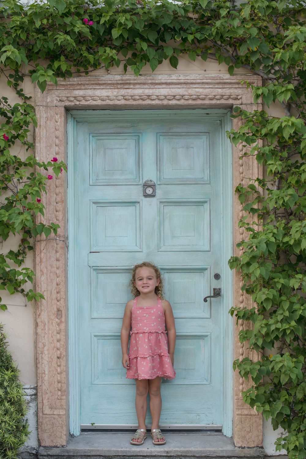 Vintage turquoise door with climbing vines and pink flowers.