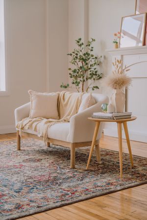 Cozy living room interior with cream armchairs and colorful vintage rug on hardwood floor near bright windows.