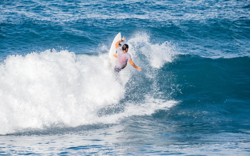 A surfer executes an aggressive snap turn at the top of a breaking wave, creating dramatic spray.