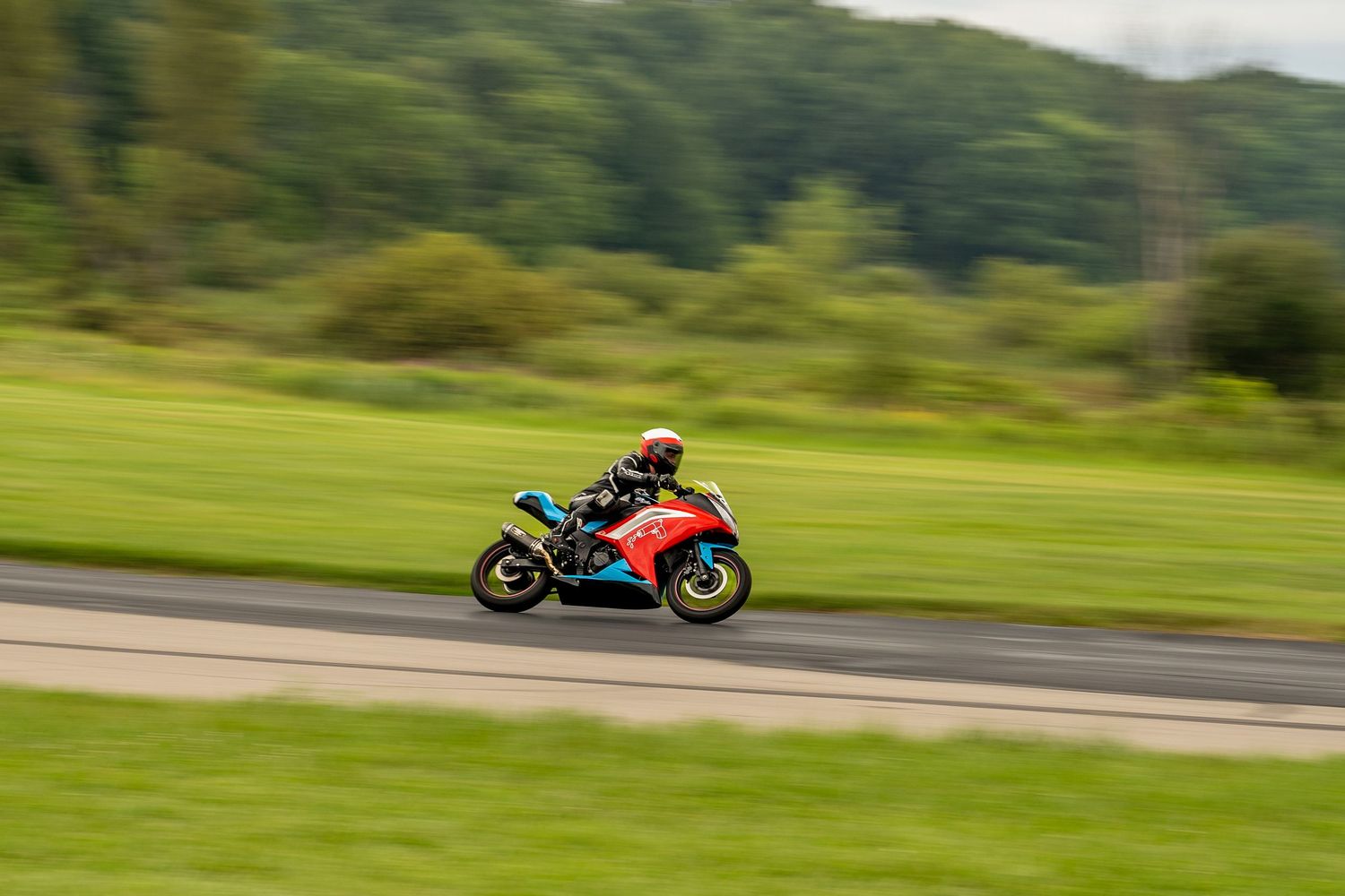 Red and blue motorcycle racing on track with green hillside background blur.