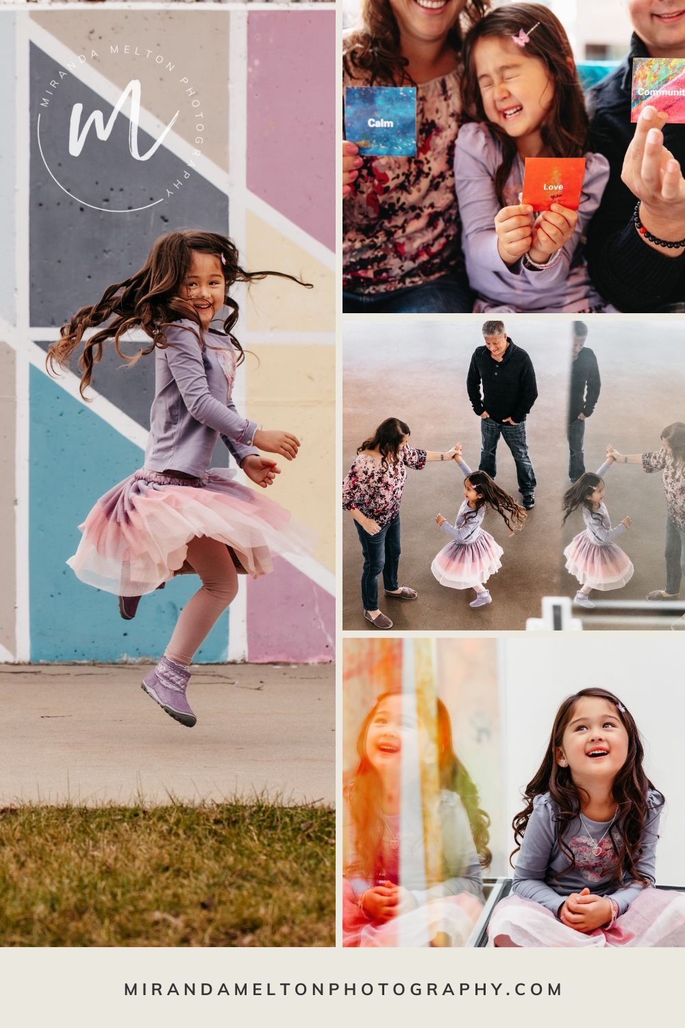 Collage of a 5 year-old girl and her family smiling and laughing at their relaxed family photo session in Rochester, MN