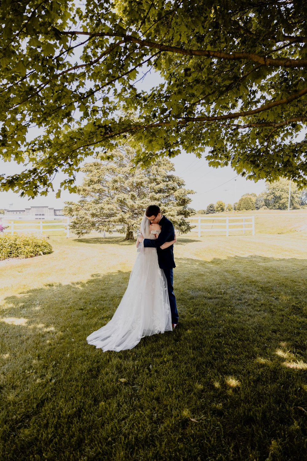 Bride and groom share a romantic kiss under a lush green tree on a sunny wedding day outdoors.